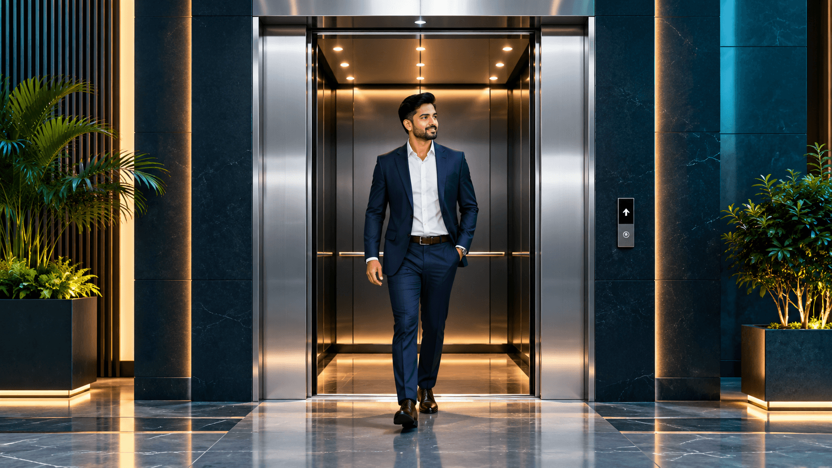 A person stepping out of a modern elevator
